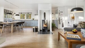 Eine moderne Küche mit Kochinsel, ein Essbereich mit Stühlen, ein Kamin und eine Wohnbereich mit Sofa und Couchtisch.