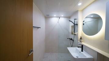 Shower, hair dryer, towels, soap