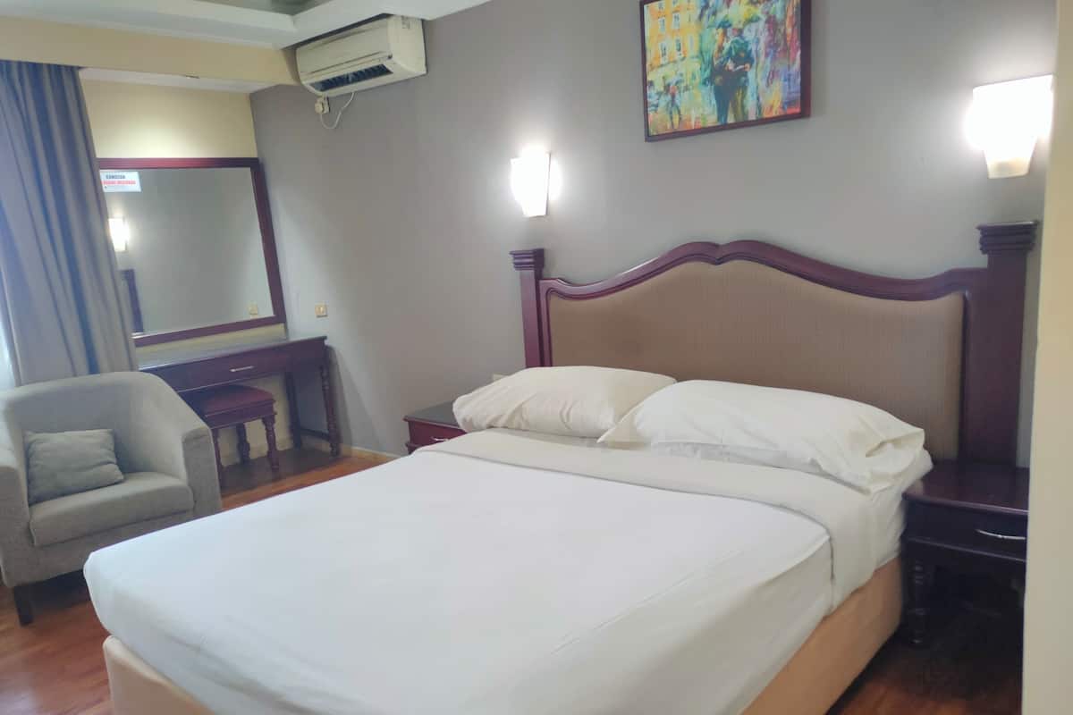 A hotel room with a large bed, a chair, a desk, a mirror, and an air conditioning unit.