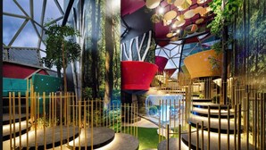 Un espacio interior moderno con arquitectura geométrica, una zona de estar central roja y una variedad de plantas.