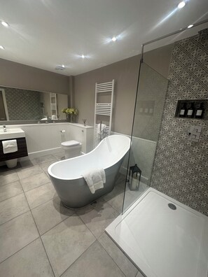 Hair dryer, towels, soap, shampoo