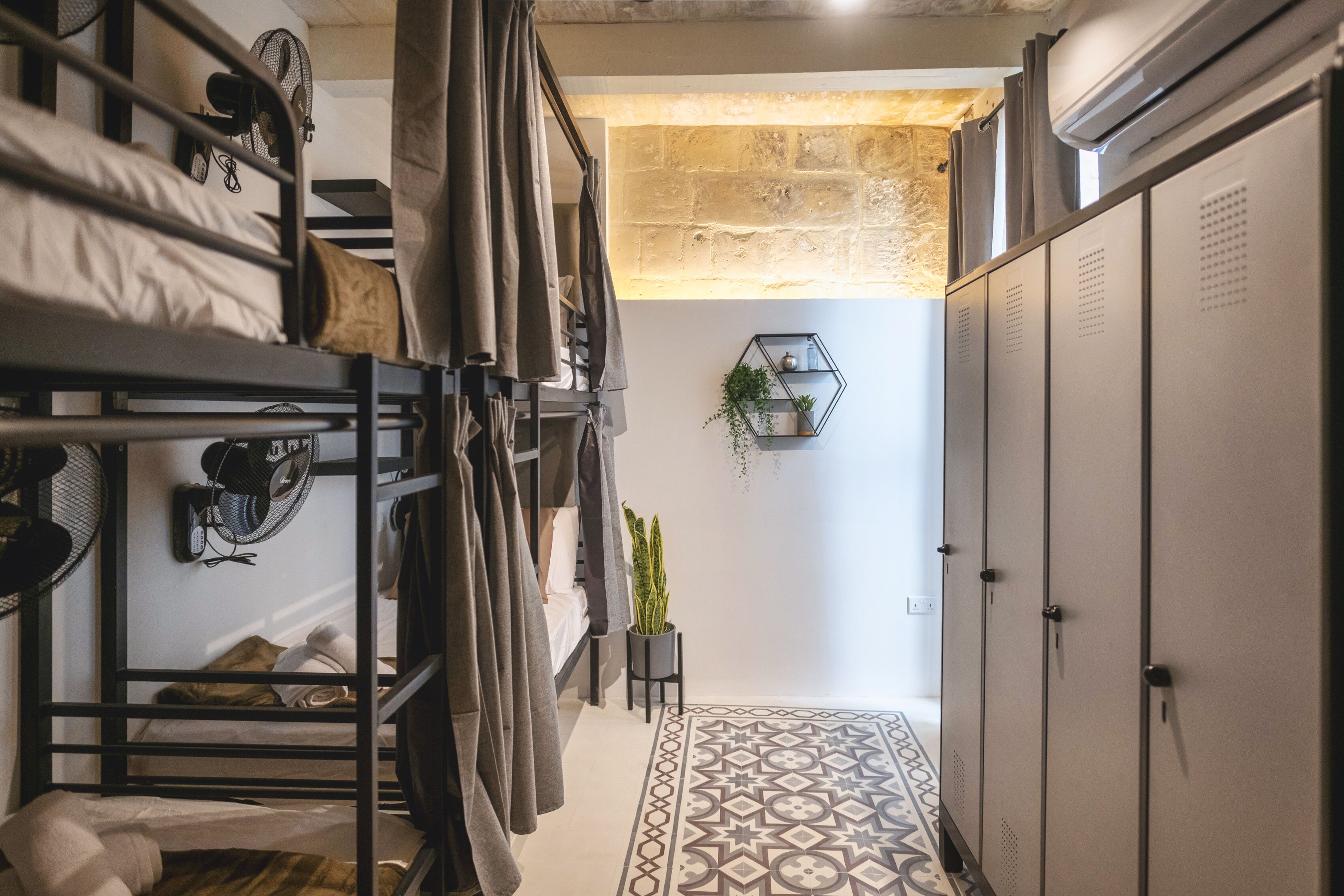 A dormitory room with bunk beds, a patterned rug, a potted plant, and a stone wall.