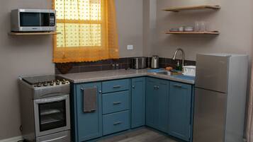 Standard Apartment | Private kitchen | Full-size fridge, microwave, oven, stovetop