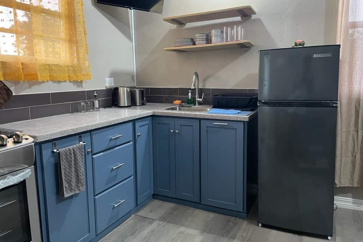 A kitchen with blue cabinets, a black refrigerator, a microwave, and a sink.