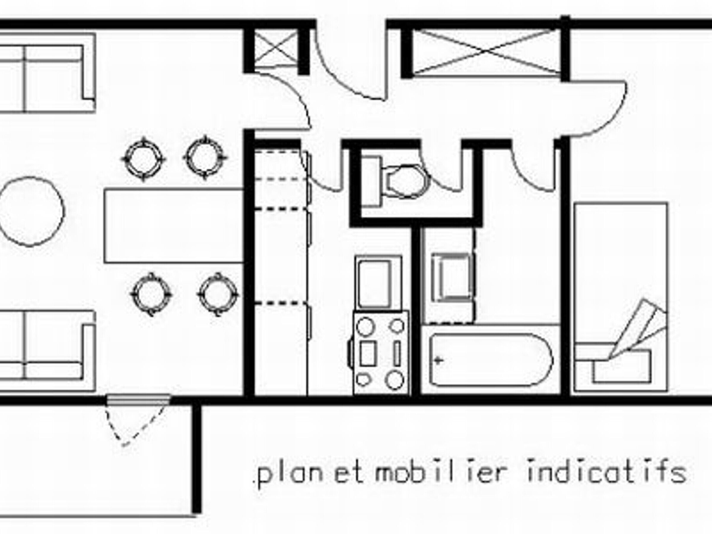 A floor plan with a living area, kitchen, and two bedrooms.
