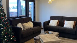 A modern living room with two dark sofas, a wooden coffee table, and a Christmas tree.