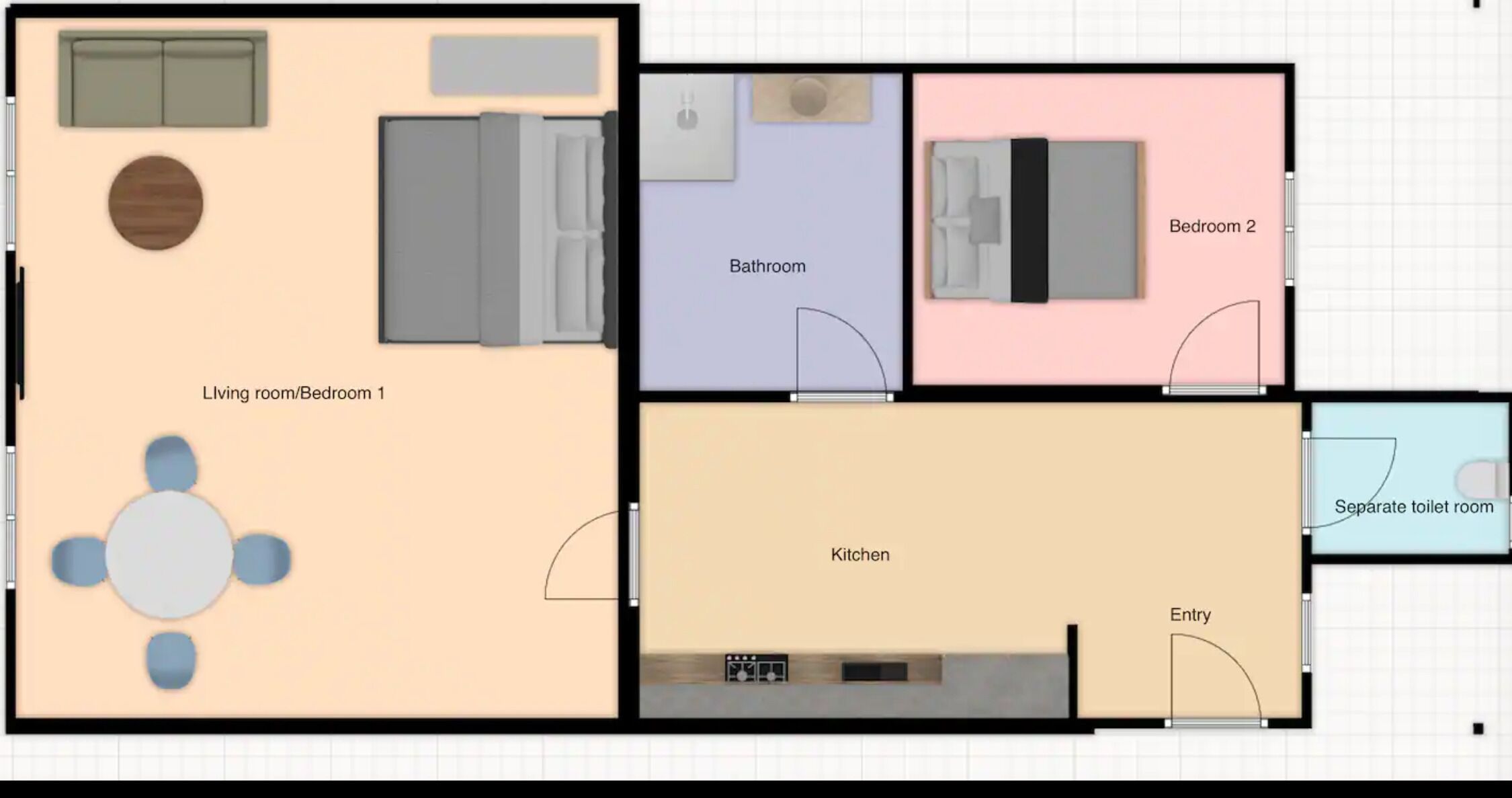 A floor plan with a living room/bedroom, kitchen, bathroom, bedroom 2, and a separate toilet room.