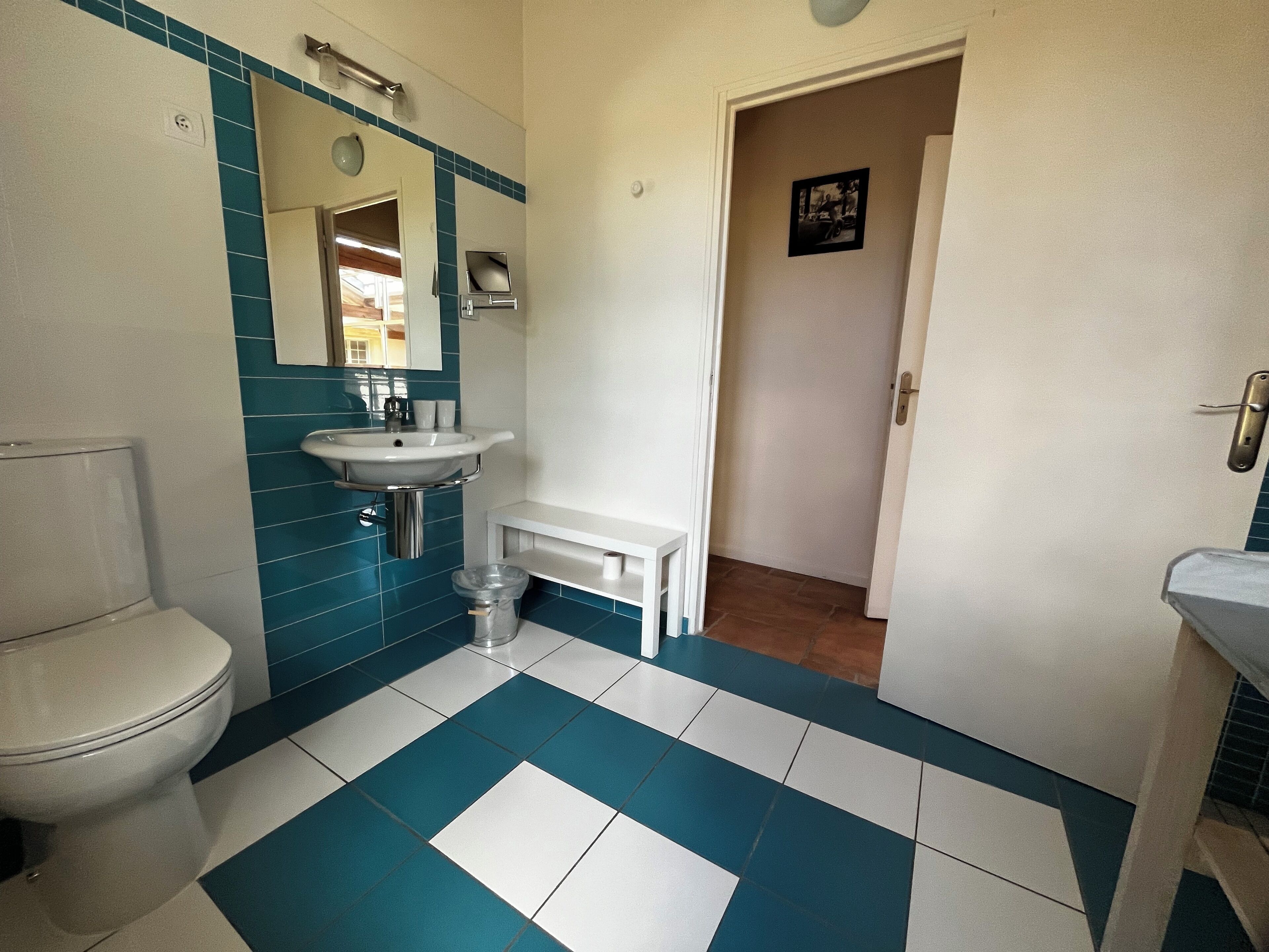 A bathroom with a toilet, sink, and mirror.