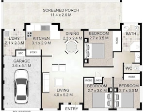 Plan d’étage d’une propriété comprenant une véranda, une cuisine, un coin repas, deux chambres, un salon, un garage et une salle de bain.