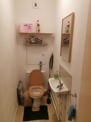 Compact bathroom with a toilet, sink, and mirror.
