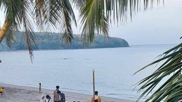 A beach with palm trees and a concrete barrier.