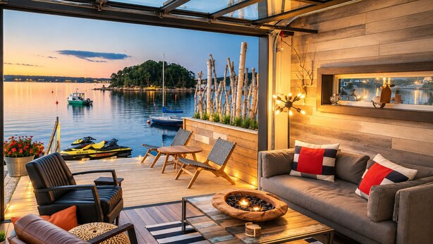 Cómodo espacio al aire libre con vistas a un lago tranquilo y barcos, terraza de madera y un sofá confortable con cojines.