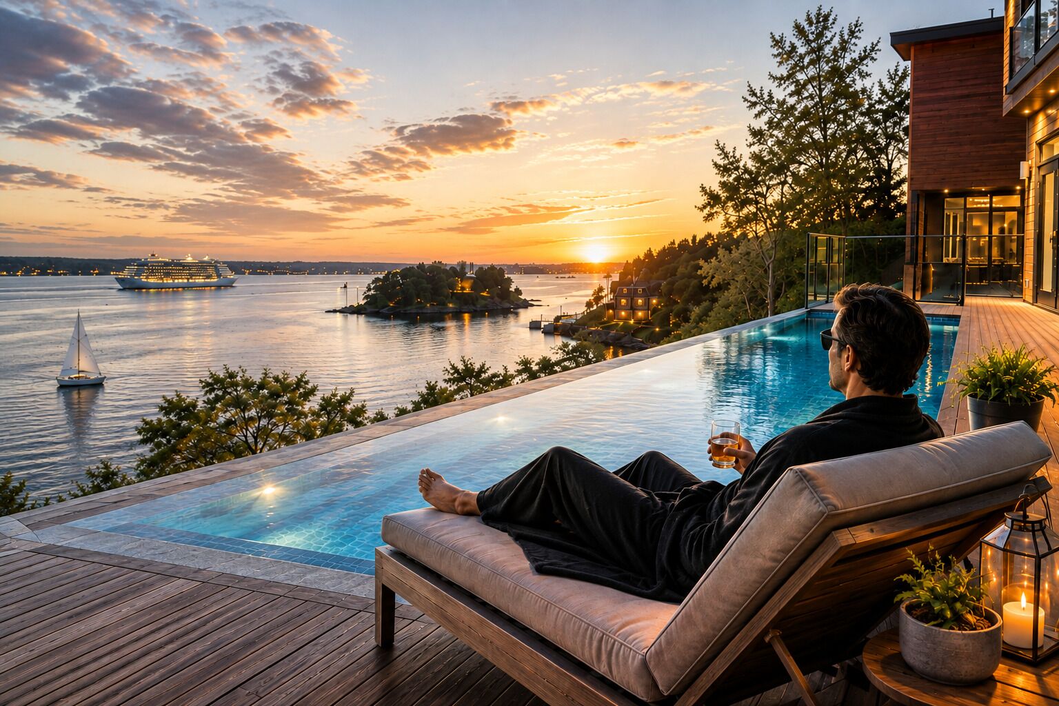 A person relaxing on a deck chair by an infinity pool overlooking a body of water with a sunset in the background.