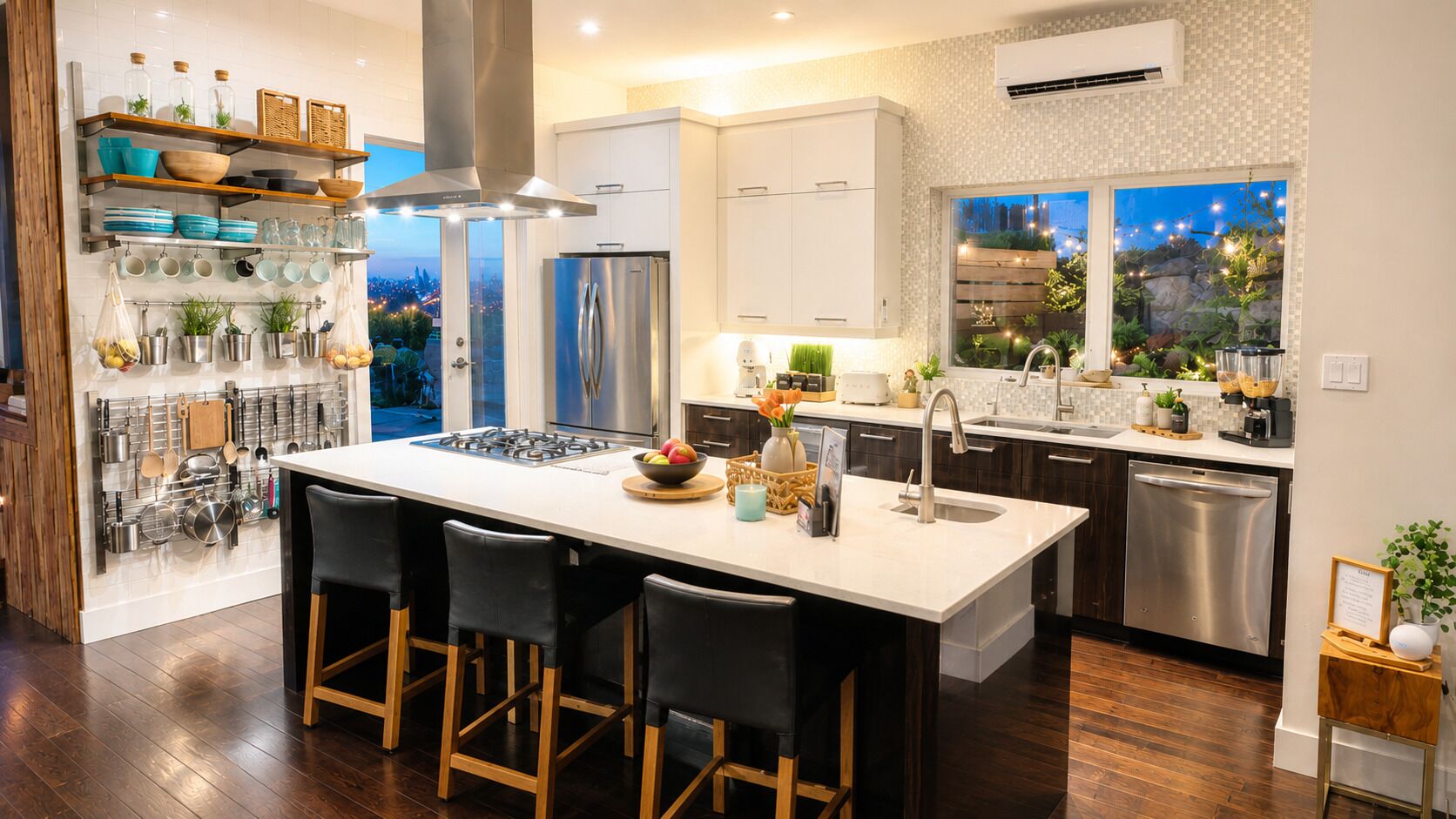 A modern kitchen with a central island, stainless steel appliances, and a view of the city at dusk.