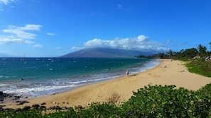Ein Strand mit klarem, blauem Wasser, einem sandigen Ufer und einem Berg im Hintergrund.