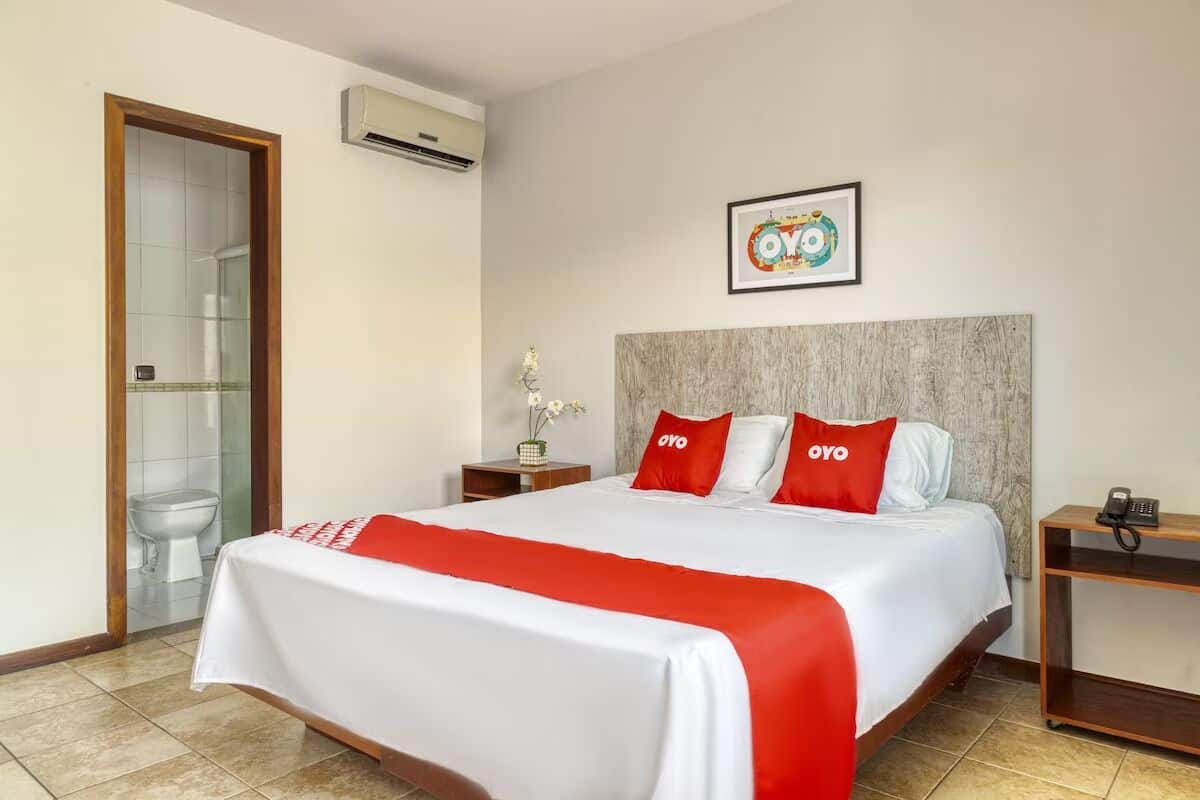 A hotel room with a large bed, two red pillows, a framed picture on the wall, and a bedside table with a phone.