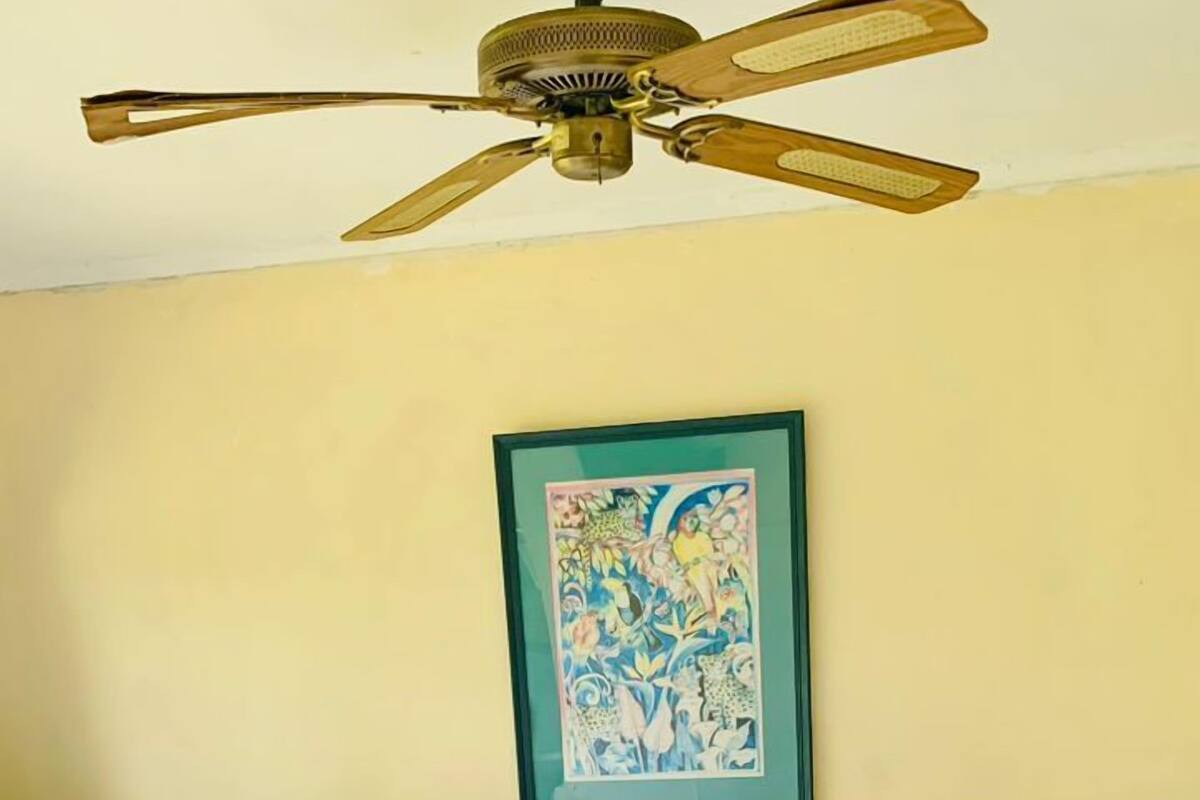 A neatly made bed with white linens, a wooden headboard, and a ceiling fan.