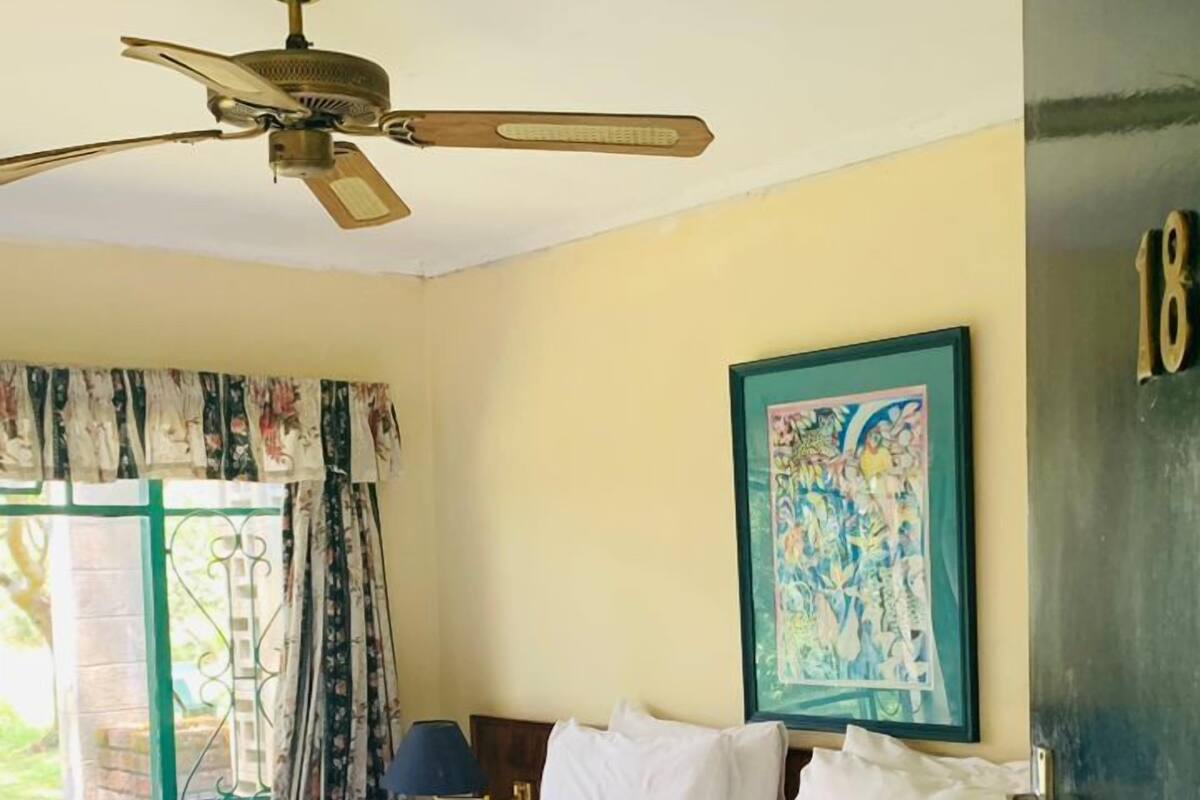 A hotel room with a bed, a ceiling fan, a framed picture on the wall, and a door with the number 18.