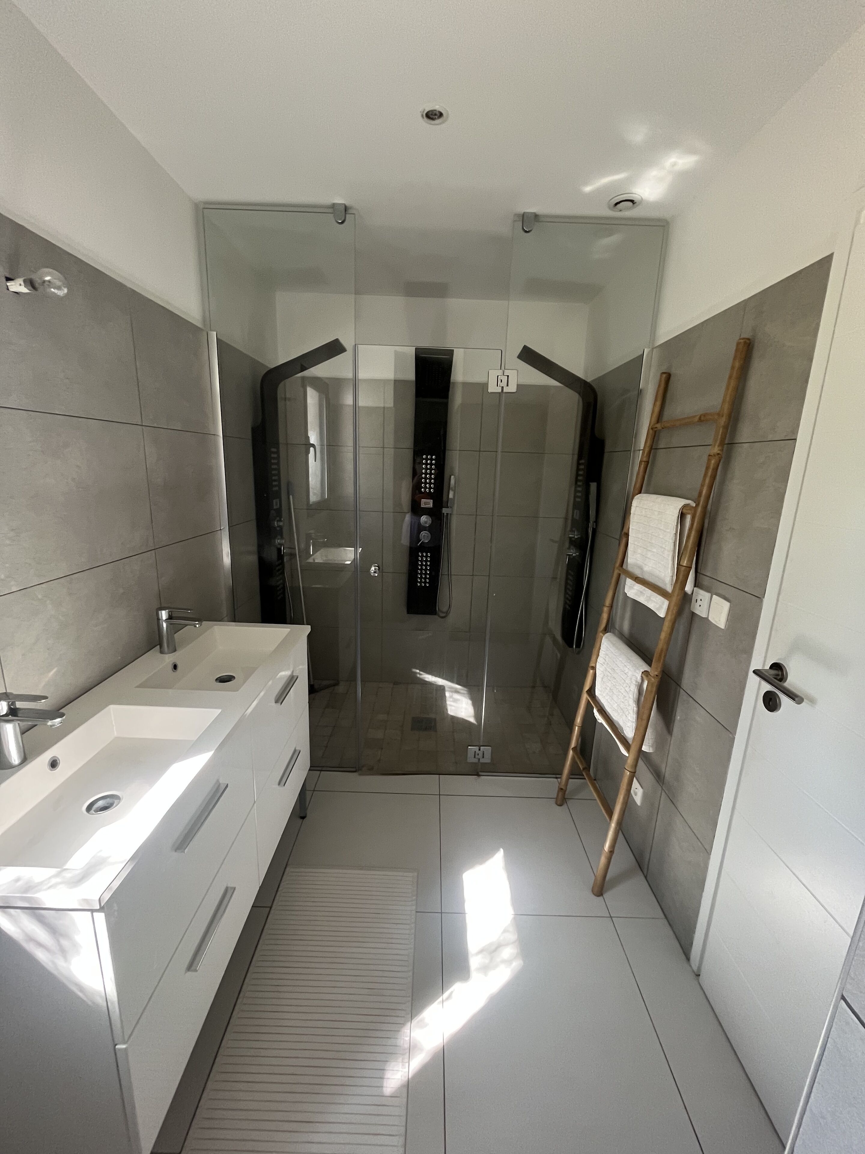 A modern bathroom with a glass-enclosed shower, a vanity with a sink, and a wooden ladder leaning against the wall.