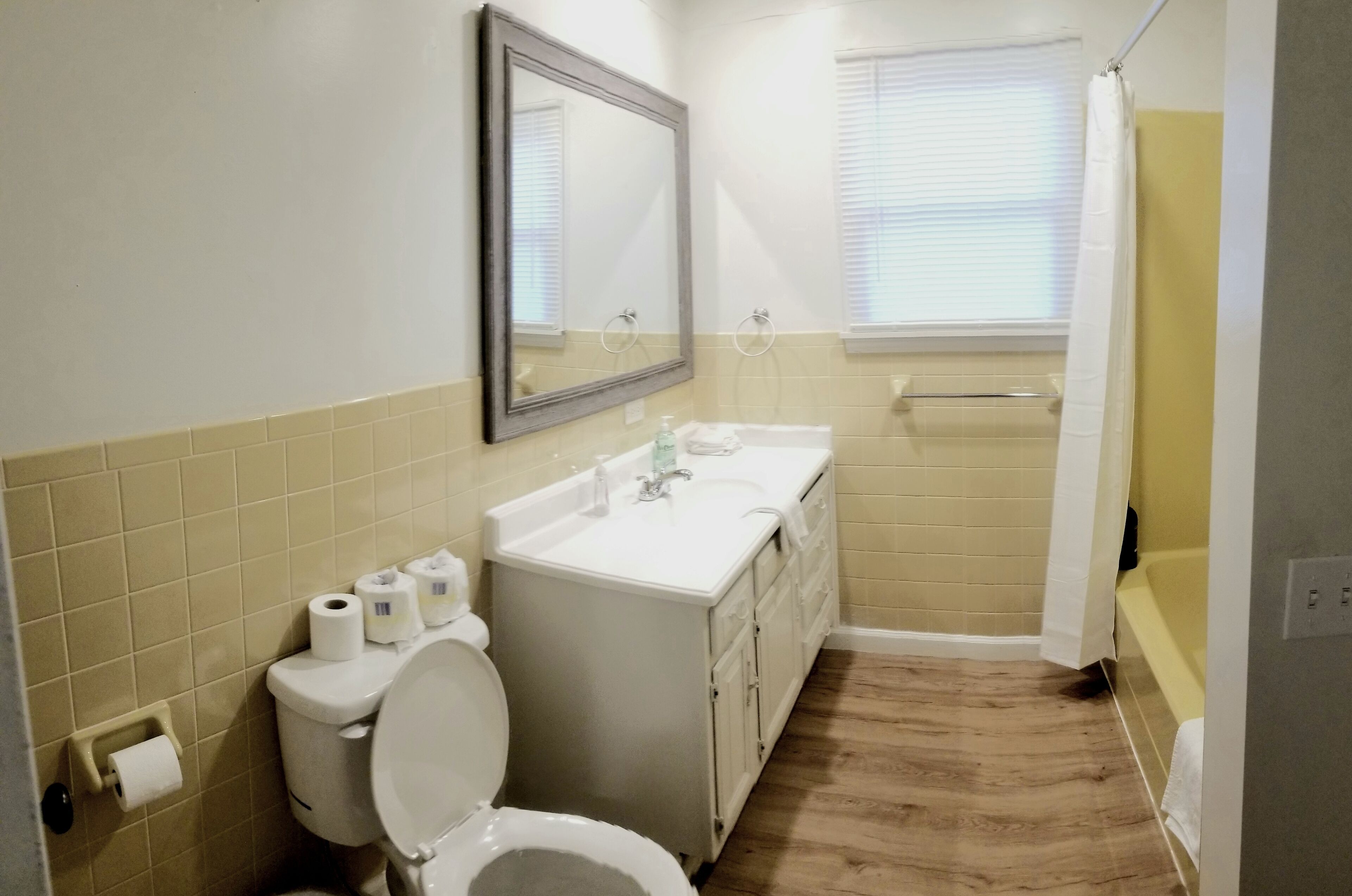 Hair dryer, towels, soap, shampoo