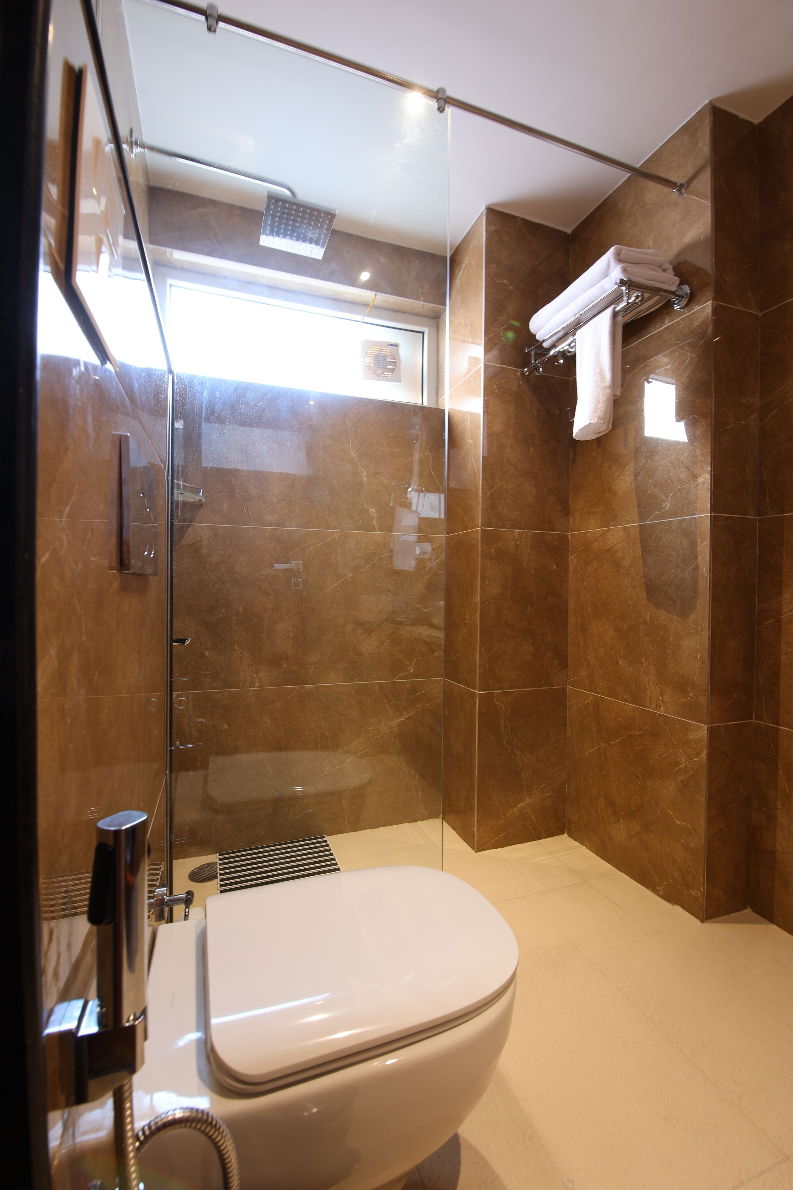 A modern bathroom with a glass-enclosed shower, a white toilet, and a towel rack.