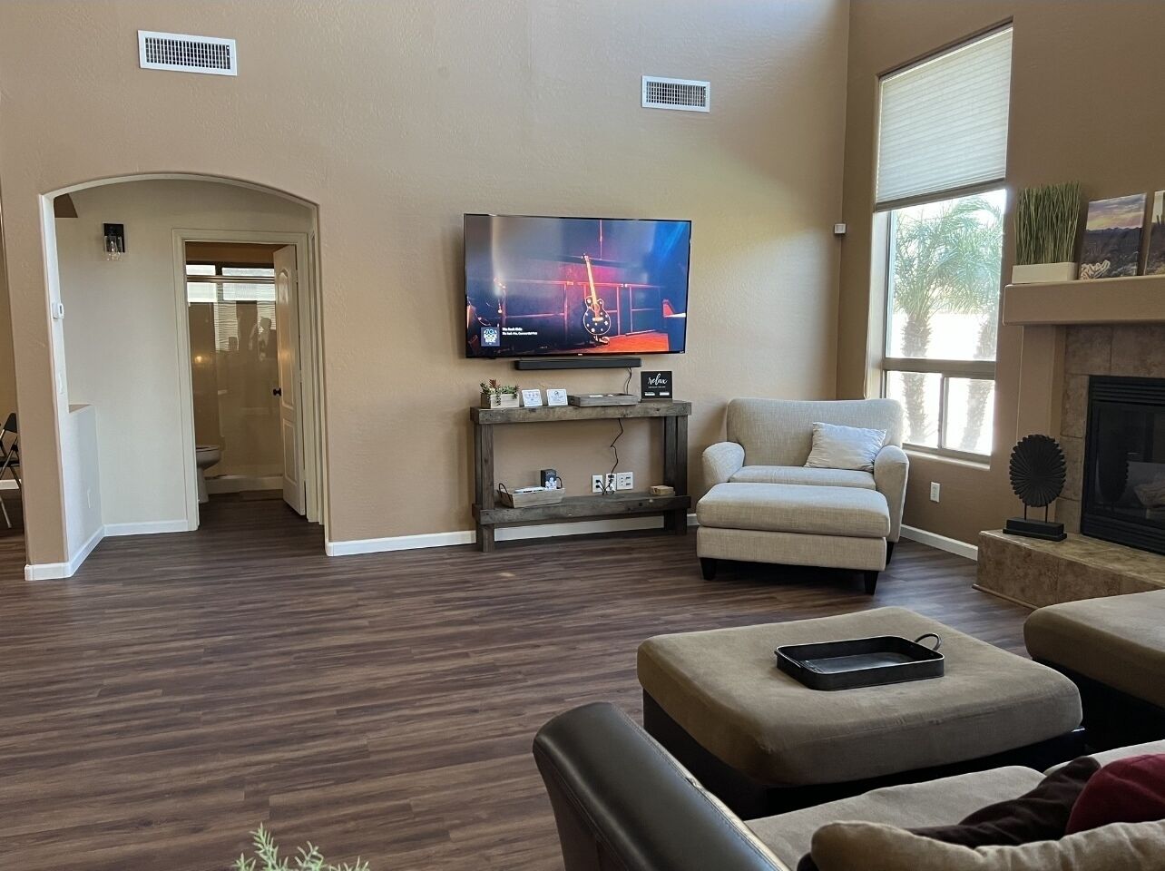 Smart TV, fireplace, foosball