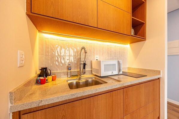 Apartamento conforto | Cozinha privada | Frigobar, máquina de café expresso, chaleira elétrica