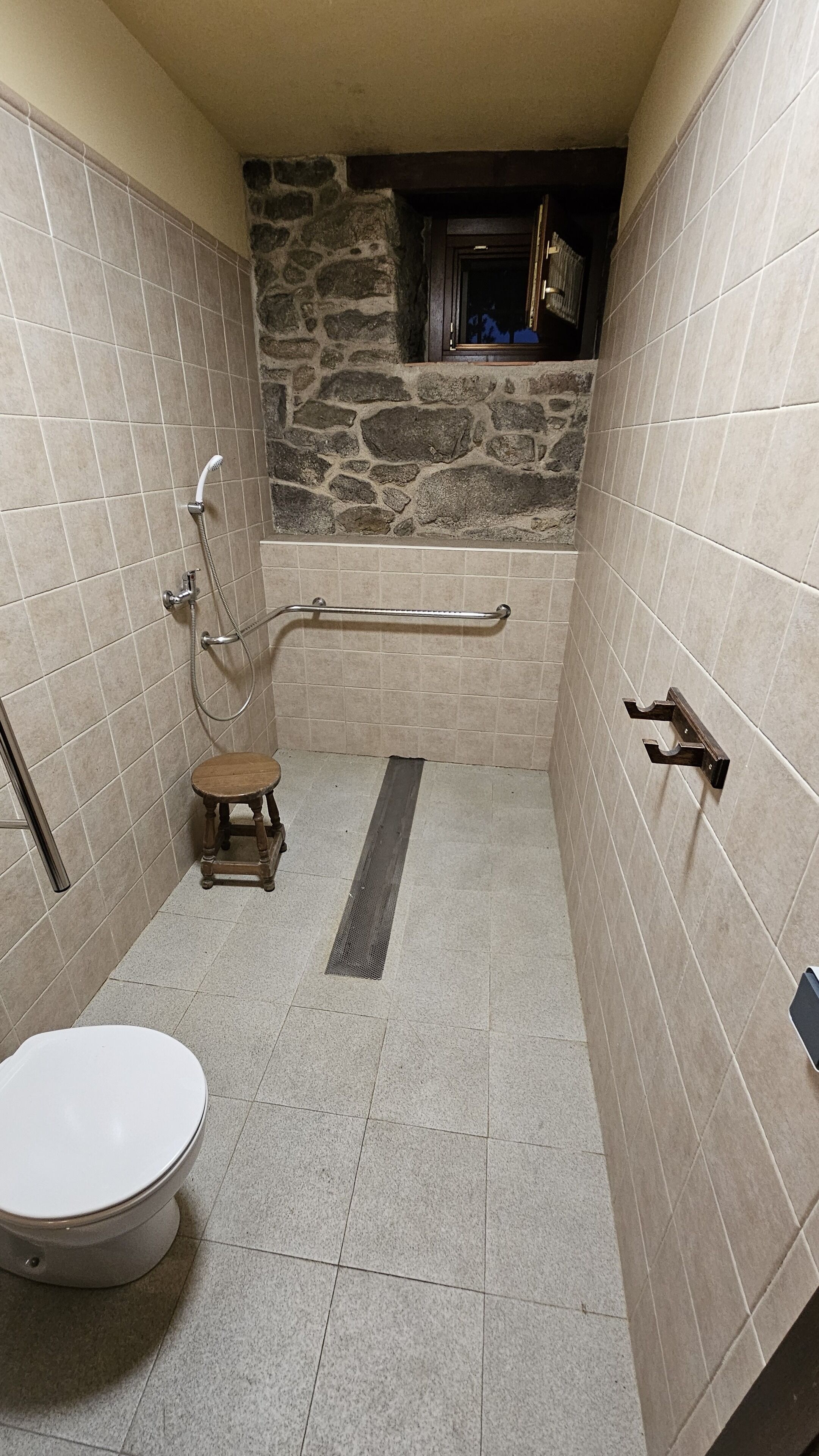 A small, tiled bathroom with a toilet, a wooden stool, a shower, and a handrail.