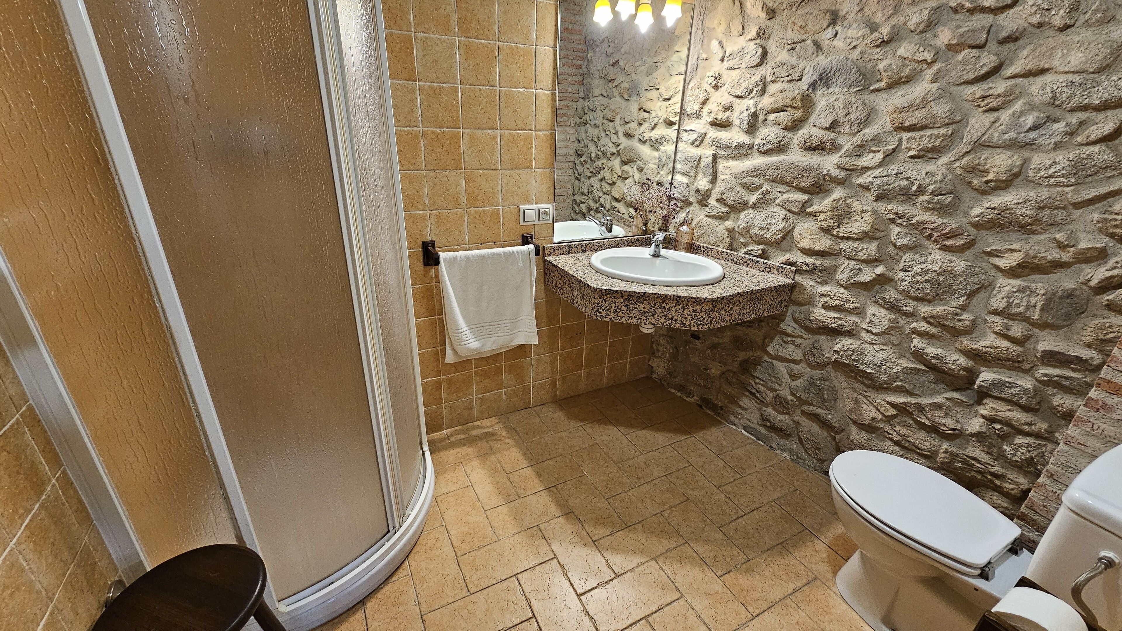 Une salle de bain avec une douche, un lavabo et des toilettes.