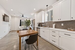 Fridge, microwave, dishwasher, coffee/tea maker