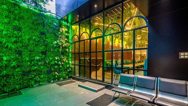 Um edifício moderno com um jardim vertical verde, janelas amplas e um banco na parte externa.