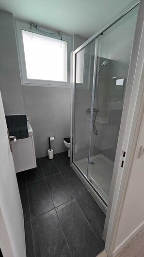 Shower, hair dryer, towels, toilet paper