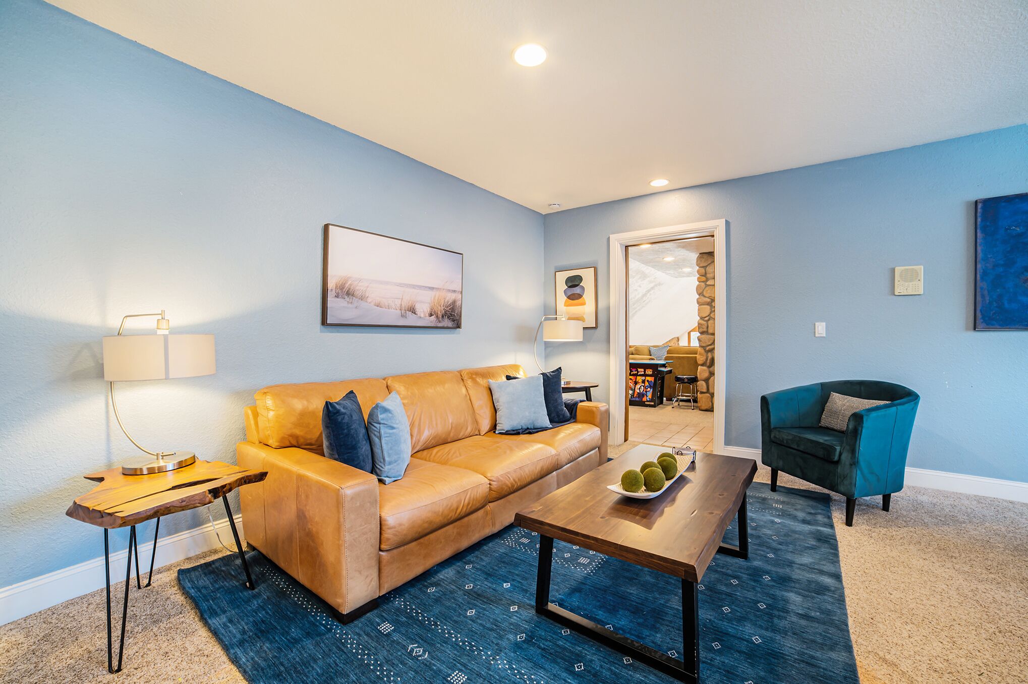 Smart TV, fireplace, foosball