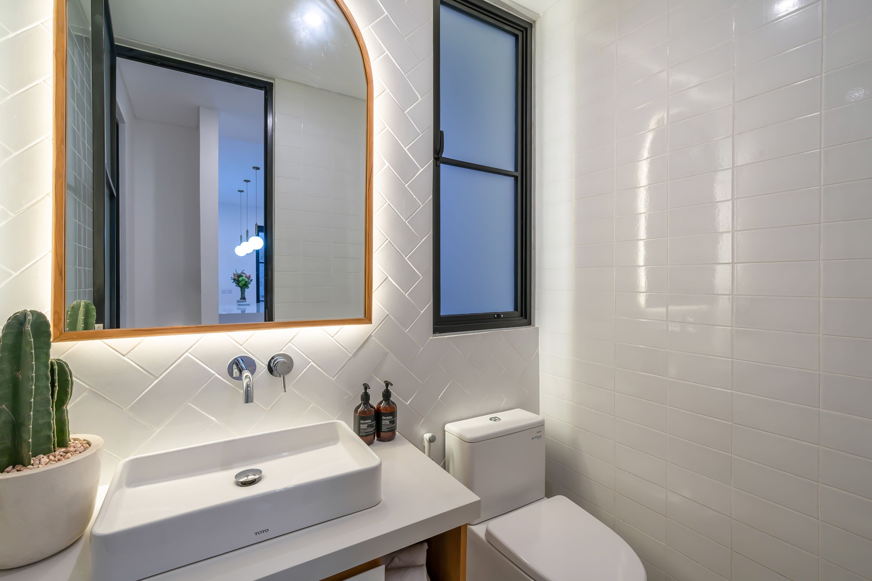 A modern bathroom with a white sink, a mirror, a toilet, and a potted cactus.
