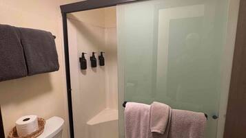 Shower, hair dryer, towels, soap
