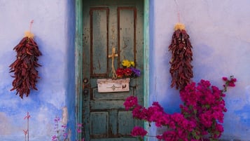 Une porte bleue, patinée par les intempéries, avec un cadre vert, une petite lanterne blanche au-dessus, et des fleurs séchées ainsi que des bougainvilliers d’un rose éclatant devant.
