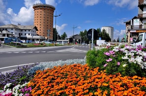 A street with a round building, a café, and a flower bed.