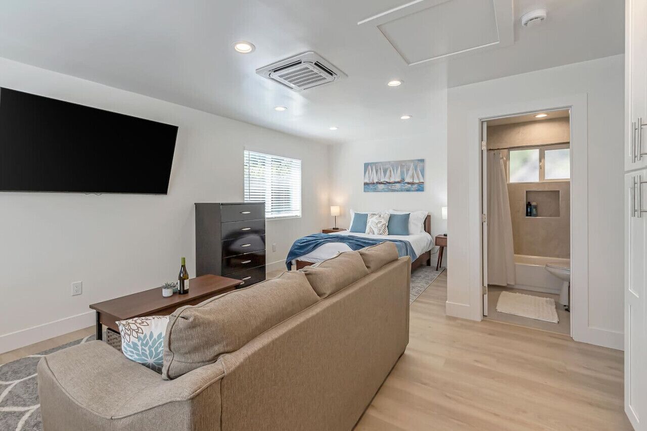A modern bedroom with a sofa bed, a flat-screen TV, a bedside table with a bottle, and a window with blinds.