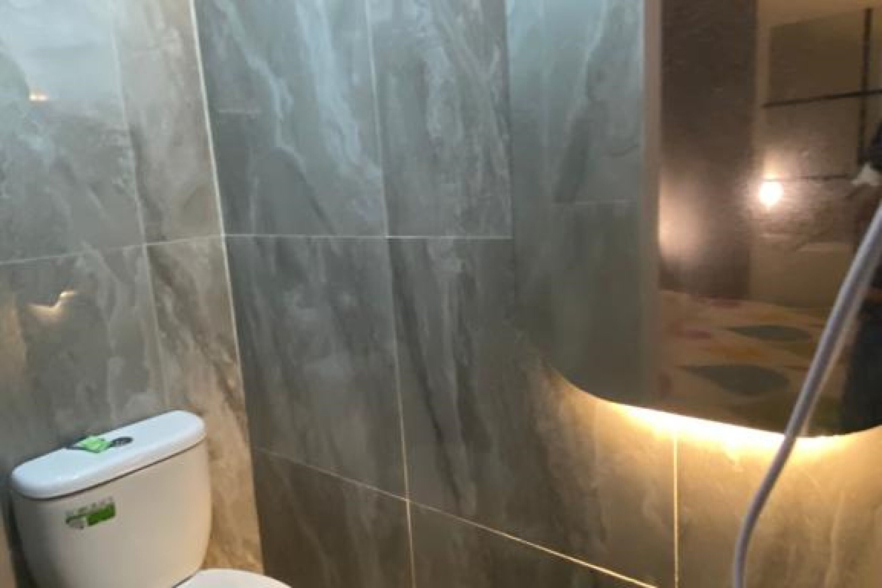 Une salle de bain carrelée de marbre, avec des toilettes blanches et une zone de douche bien délimitée.