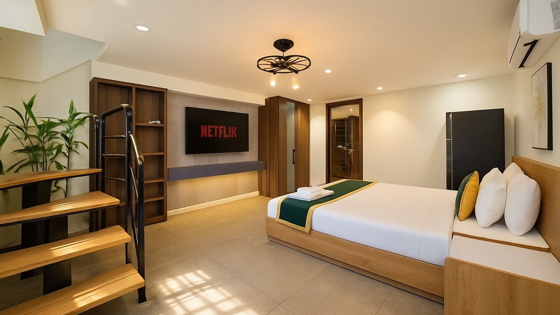 Una habitación de hotel con una cama, un televisor montado en la pared, una escalera y una planta.