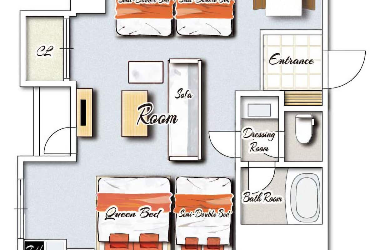 En planritning över ett hotellrum med en king size-säng, en queen size-säng, en säng som är något större än en enkel-, men mindre än en dubbelsäng, ett kassaskåp, ett omklädningsrum, ett badrum och en entré.