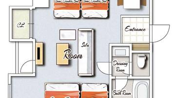 Plano de distribución de un hotel que muestra una cama King, una cama Queen, una cama semidoble, un cuarto seguro, un vestidor, un baño y una entrada.