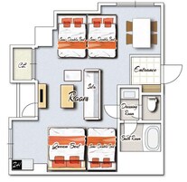 Plano de distribución de un hotel que muestra una cama King, una cama Queen, una cama semidoble, un cuarto seguro, un vestidor, un baño y una entrada.