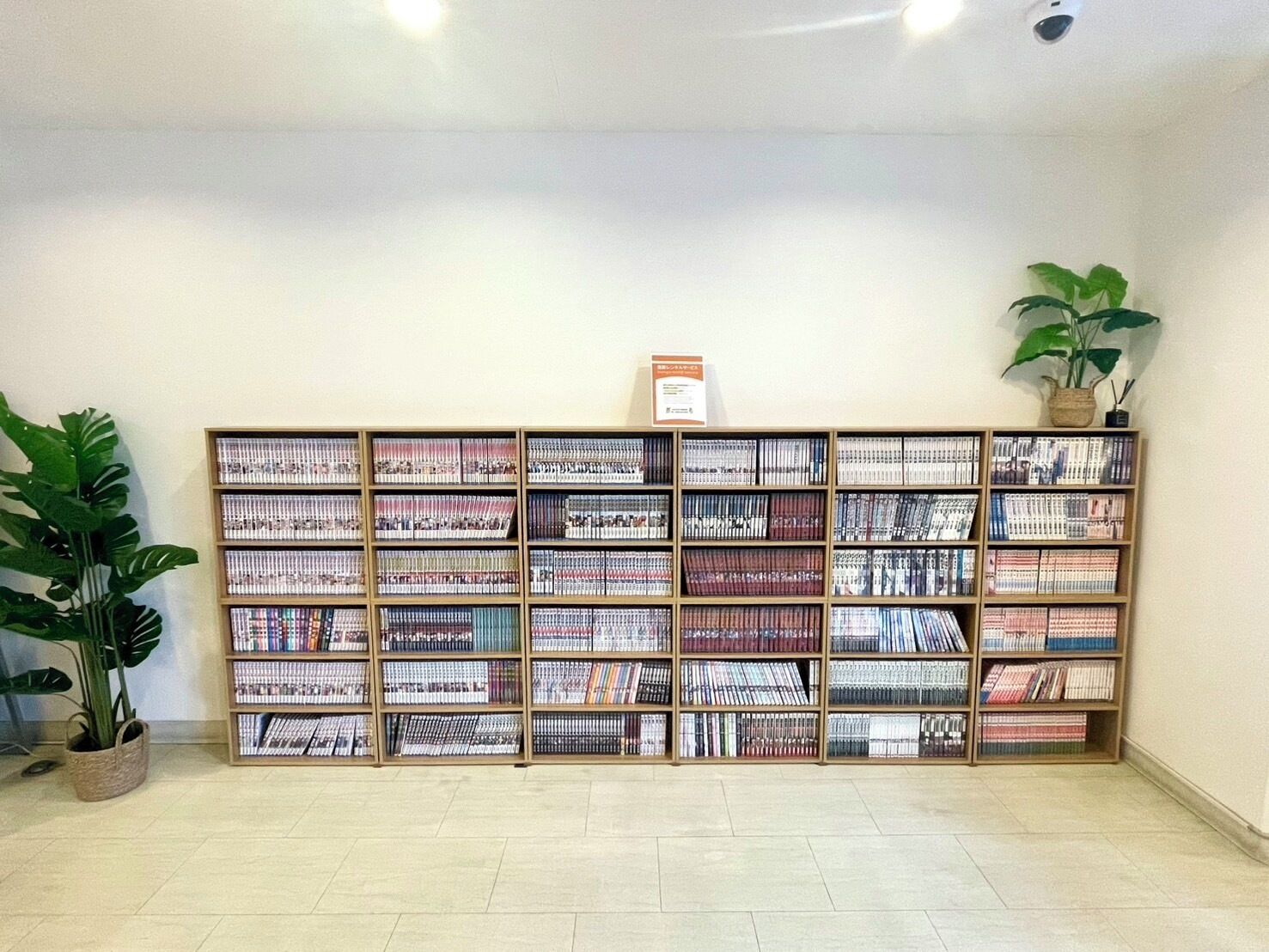 Une bibliothèque avec des étagères remplies de livres, une plante en pot et une caméra de surveillance fixée au plafond.
