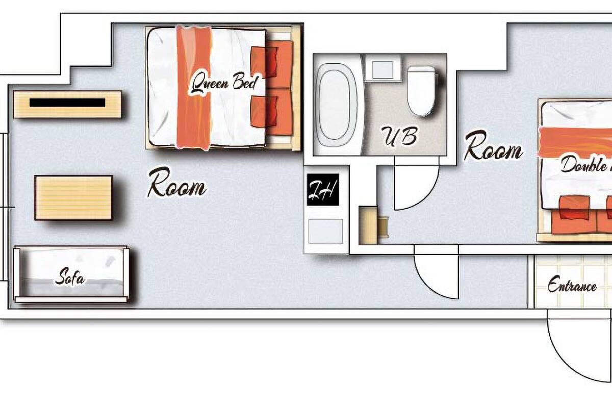 En hotellsvit med en dubbelsäng, en säng av storlek "queen", en soffa, ett badrum och en entré.