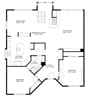 A floor plan with a dining area, kitchen, two bedrooms, a living room, a breakfast nook, a bath, and a foyer. - Strandcastle Beach House - Oceanfront! - You're right on the sand! (Oceano)