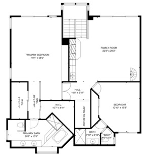A floor plan of a hotel with a primary bedroom, family room, primary bathroom, two smaller bathrooms, a hall, and a bedroom. - Strandcastle Beach House - Oceanfront! - You're right on the sand! (Oceano)