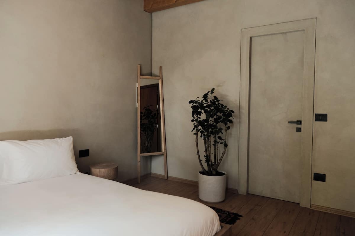 Une chambre à coucher avec un lit, une plante en pot, une échelle en bois et une porte.
