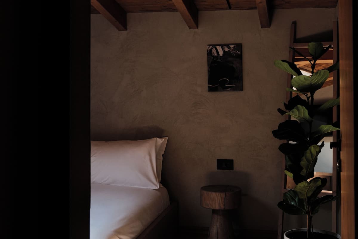 Une chambre avec un plafond en bois, un lit, une plante en pot et une petite table ronde.