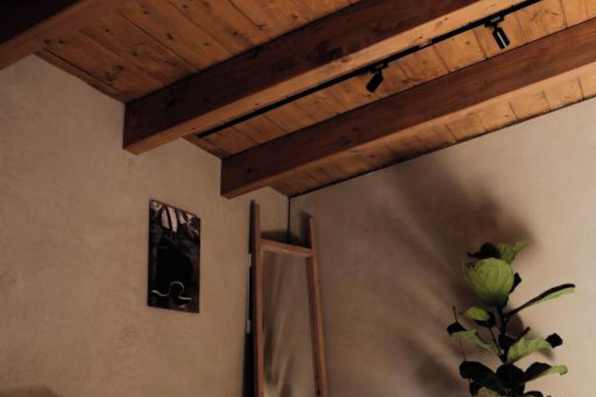 Een slaapkamer met een houten plafond, een bed, een ladder en een pot met een plant.